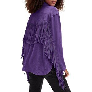 Women's Faux Suede Fringe Jacket Vintage Western Cowgirl Tassel Jackets Purple